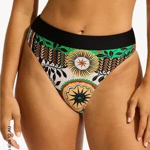 Seafolly Black & Green High Rise & High Leg Cheeky Bikini Bottom US 10 NWT